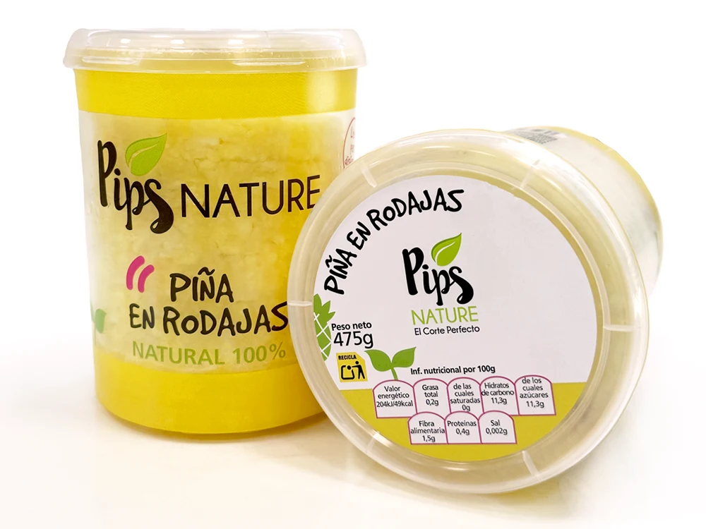 Piña cortada en rodajas en envase redondo